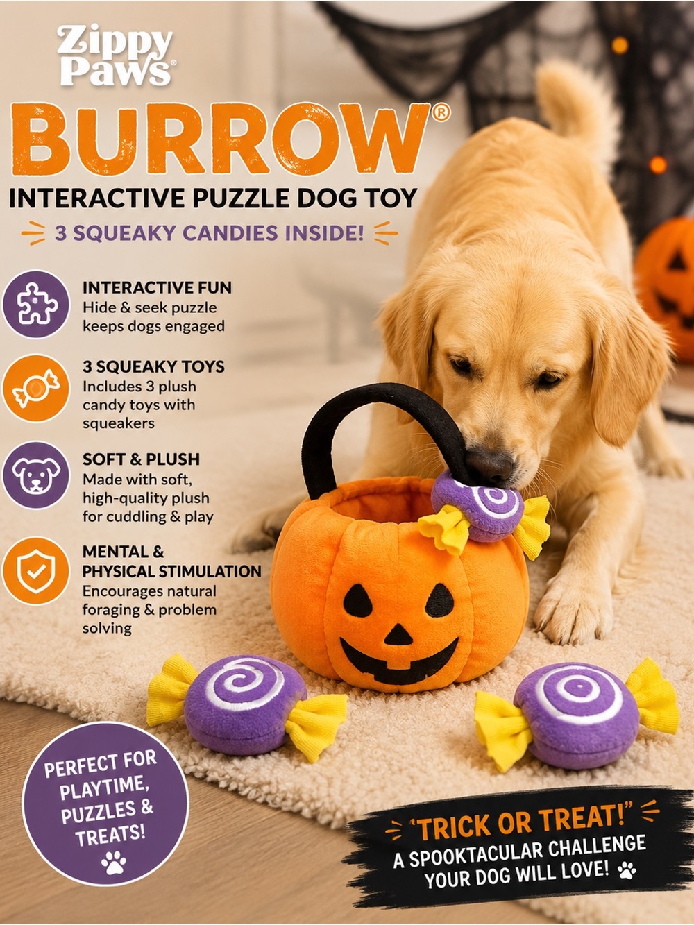 ZippyPaws Burrow Halloween Pumpkin Interactive Dog Toy - Orange & Purple